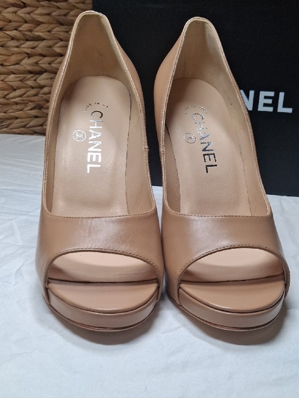 CHANEL Beige Leather Peep-Toe Pumps with Embellished Block Heel - Picture 8 of 12